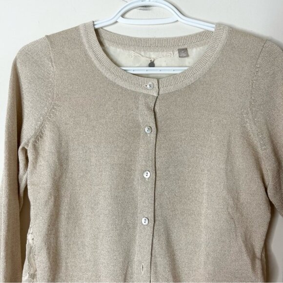 Anthropologie Knitted & Knotted Afterword Cardigan Sweater Beige Metallic Lace - Picture 5 of 16